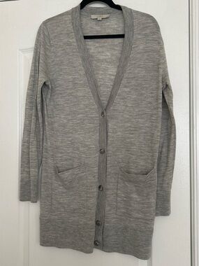 LOFT Gray Long Button-Front Cardigan with Pockets